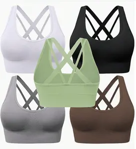 Women‘s 5 Pack Padded Seamless Sports Breathable Criss Cross Bra for Ultra Comfortable Gym Top Indoor Outdoor Workouts to Street Ready Wireless Fitness Clothes Lightweight Activewear