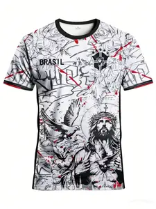 Men's Brazil Special Edition Soccer Jersey, Youth Round Neck Comfortable Sports Top T-Shirt, Brazilian Style Print, Casual Long Sleeve