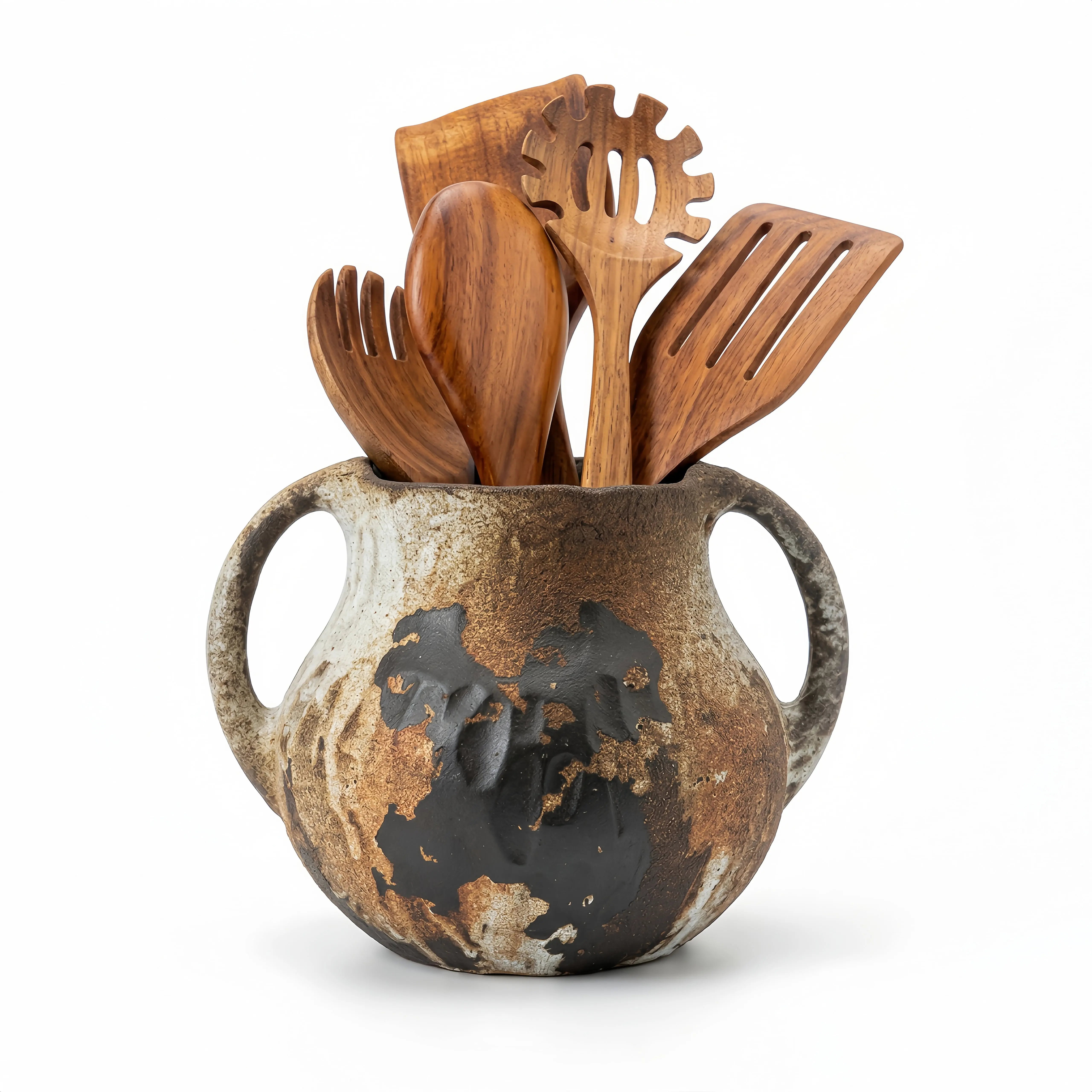 Rustic Kitchen Utensil Holder - 7.5 Inch Ceramic Utensil Crock for Countertop, Vintage Kitchen Counter Decor
