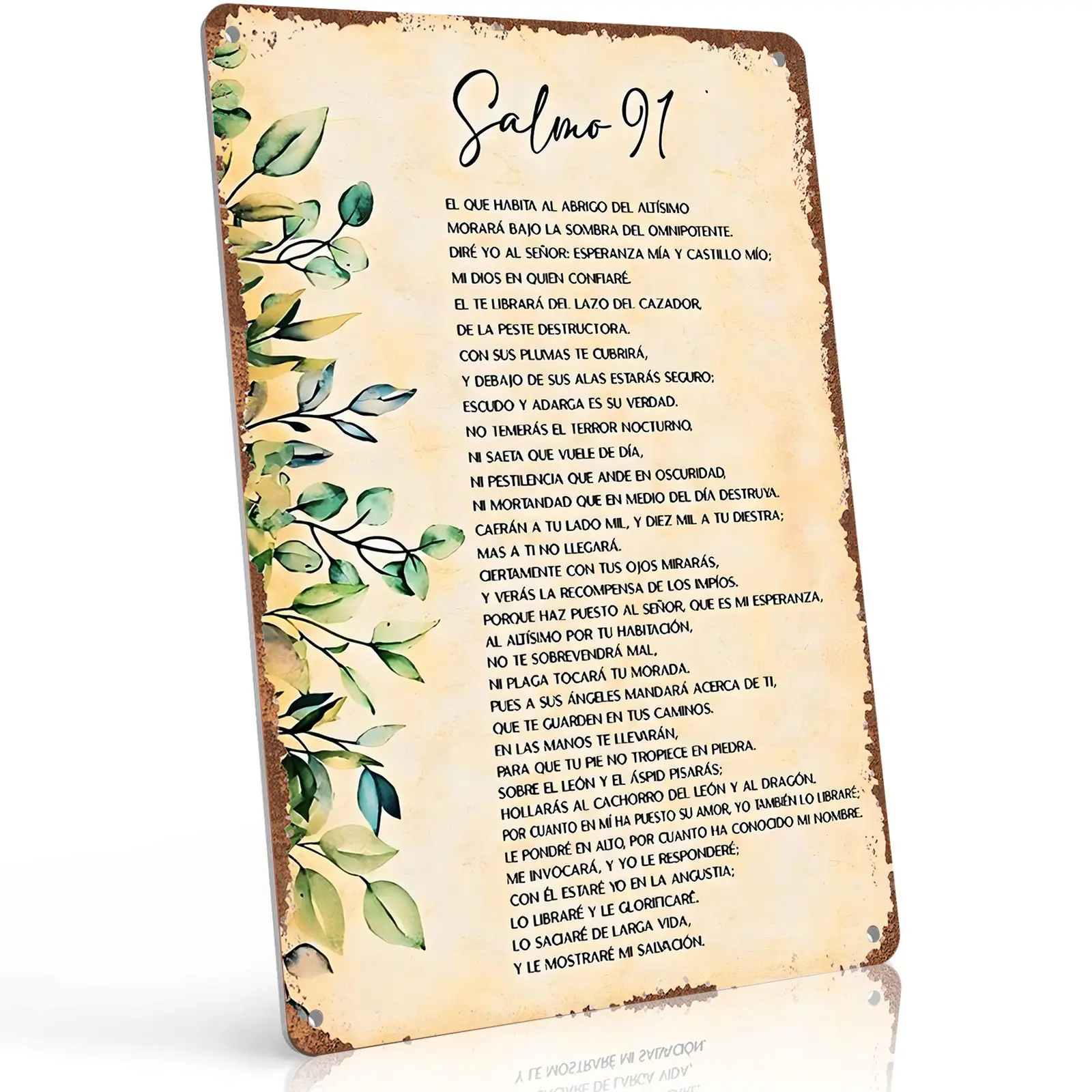 8x12in Aluminium Metal Wall Mount Sign - Spanish Religious Salmo 91 El Que Habita al Abrigo del Altísimo Text, Watercolor Greenery Retro Vintage Tin Poster, Daily Home Decor for Entryway Blessing, Spanish Faith Cue Sacred Spaces