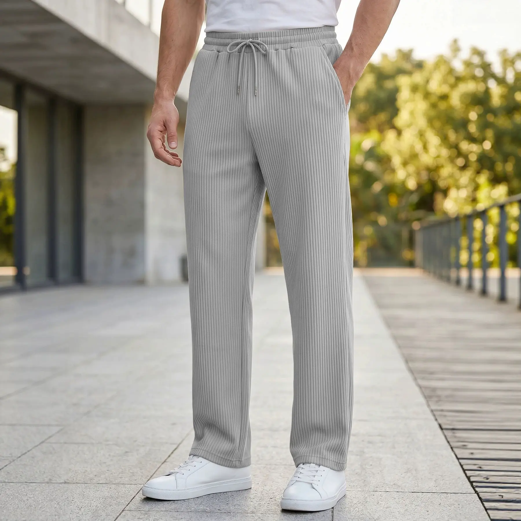 Menswear Men's Mid-Rise Vertical Striped Sweatpants - Elastic Drawstring Waist, Wide Straight Floor-Length Legs, Textured Fluid-Drape Fabric, Slimming Effect, Side Pockets, Loose Fit - Suitable for Commuting, Home Wear