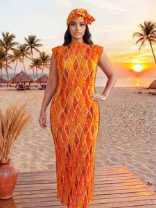 Women's Imitation Silk Diamond Stripe Printed Robe with Hood, Includes Scarf Set, Perfect for Beach Cover-Up, Sun Protection, Everyday Wear, Swimwear Cover Up