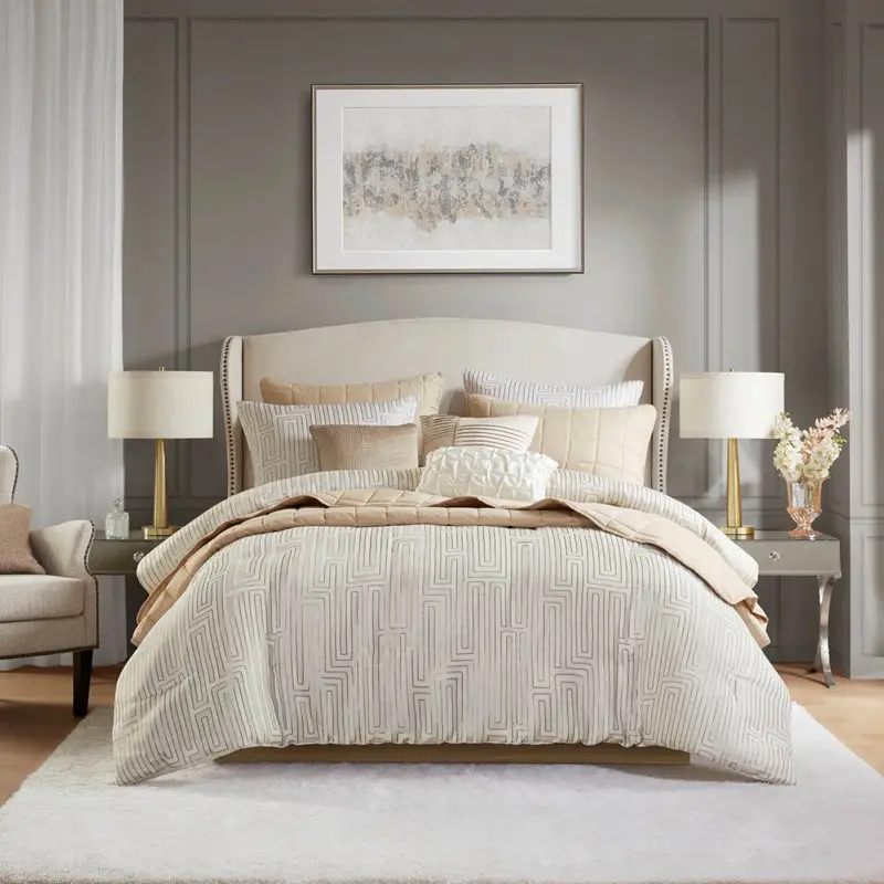 Queen 10-Piece Jacquard Comforter Set Ivory - Luxury Bedding with Comforter, Quilt, Shams, Decorative Pillows, and Bed Skirt for Master Bedroom, Guest Room, All-Season Use