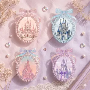 Fairy Castle Phone Grip, Pearl Frame Bow Grip with Pastel Castle Artwork, Coquette Phone Holder for Fantasy Fans