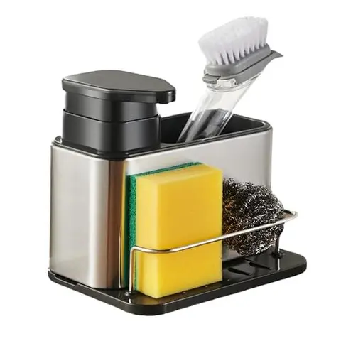Corrosion-Resistant 3-in-1 Induction Leak-Proof Stainless Steel Sink Caddy Organizer - Kitchen Rack, Soap Saver, Sponge/Dish Brush/Scrubber Holder, Soap Container, Bathroom Accessory with Water Draining Dispensers for Cleaning Convenience