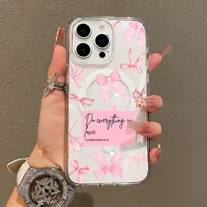 Magnetic Soft TPU Waterproof Smartphone Case - MagSafe-Compatible, Anti-Scratch, Lightweight Aesthetic Casing with Chic Pink Bow, Resistance & Protection for iPhone 11/12/13/14/15/16 & Pro Max Mobile Phone Accessories
