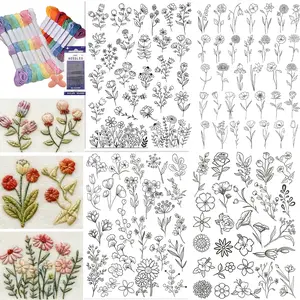 Floral Plant Water-Soluble Embroidery Pattern, Floral Embroidery Design, Dissolvable Non-Woven Pre-Printed Embroidery Stickers, Includes 16 Colors & 16 Needles