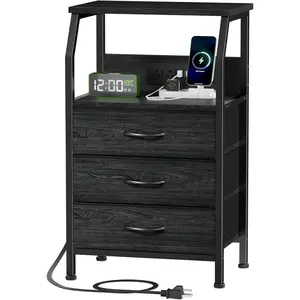 Night Stand with  Station, 28.3 Inch Tall Side Table with Fabric Drawers and Storage Shelf, Bedside Table with USB Ports & Outlets, Nightstand for Bedroom, 3 Ways to Use, Black Oak