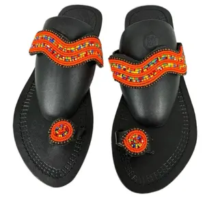 African Beaded Leather Sandals Black Orange Multicolor Design with Colorful Beads and Circular Decorations