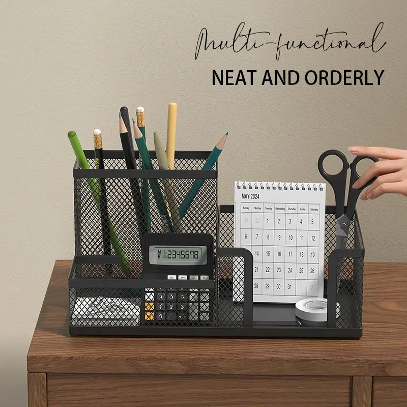 Mesh Desk Organizer with Pen Holder - 3-Compartment Desktop Storage Caddy for Office Supplies, Home Organizing Needs