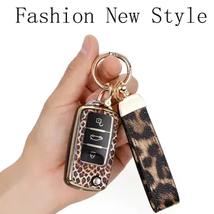 New Leopard Print Car Keychain + Key Cover, Fashion Leather Wrist Strap, Clip, Durable Anti-Scratch, Perfect Gift