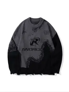 Men's Letter & Figure Pattern Ripped Design Sweater, Loose Casual Drop Shoulder Long Sleeve Round Neck Jumper for Spring & Fall, Fashion Men's Knitwear for Daily Wear