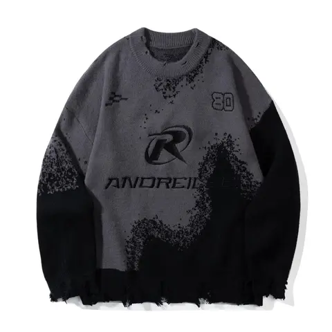 Men's Letter & Figure Pattern Ripped Hem Design Acrylic Sweater, Loose Casual Drop Shoulder Long Sleeve Round Neck Crewneck Pullover for Spring & Fall, Fashion Men's Knitwear Tops for Daily Wear, Menswear, Acrylic Material Knitwear