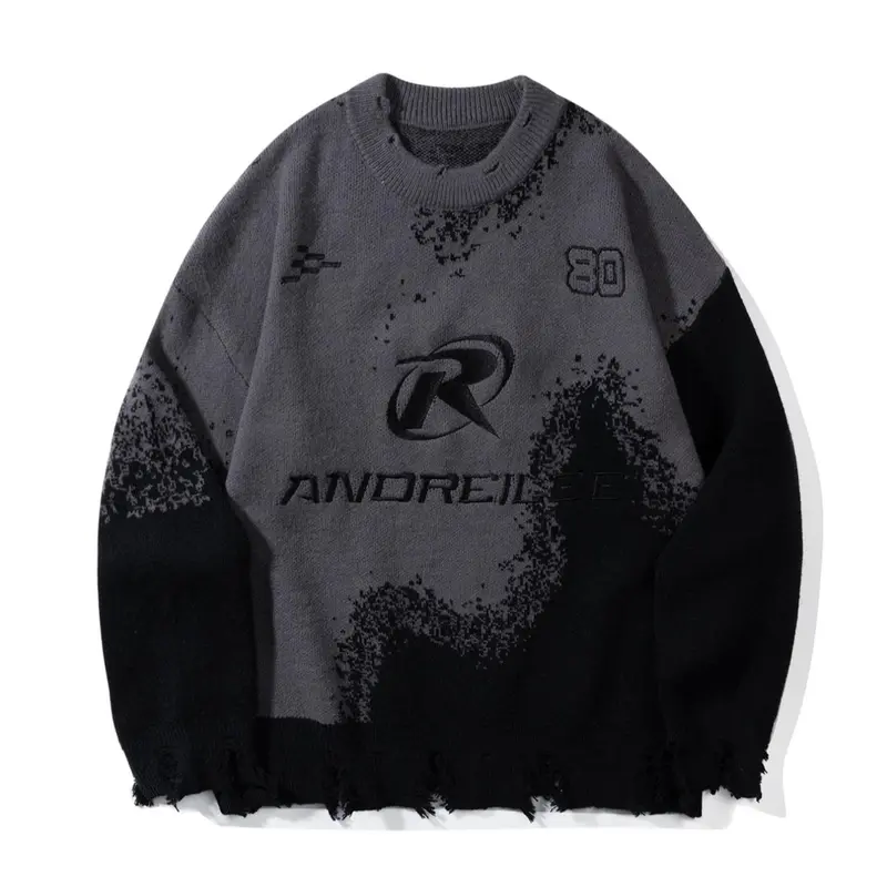 Men's Letter & Figure Pattern Ripped Hem Design Acrylic Sweater, Loose Casual Drop Shoulder Long Sleeve Round Neck Crewneck Pullover for Spring & Fall, Fashion Men's Knitwear Tops for Daily Wear, Menswear, Acrylic Material Knitwear