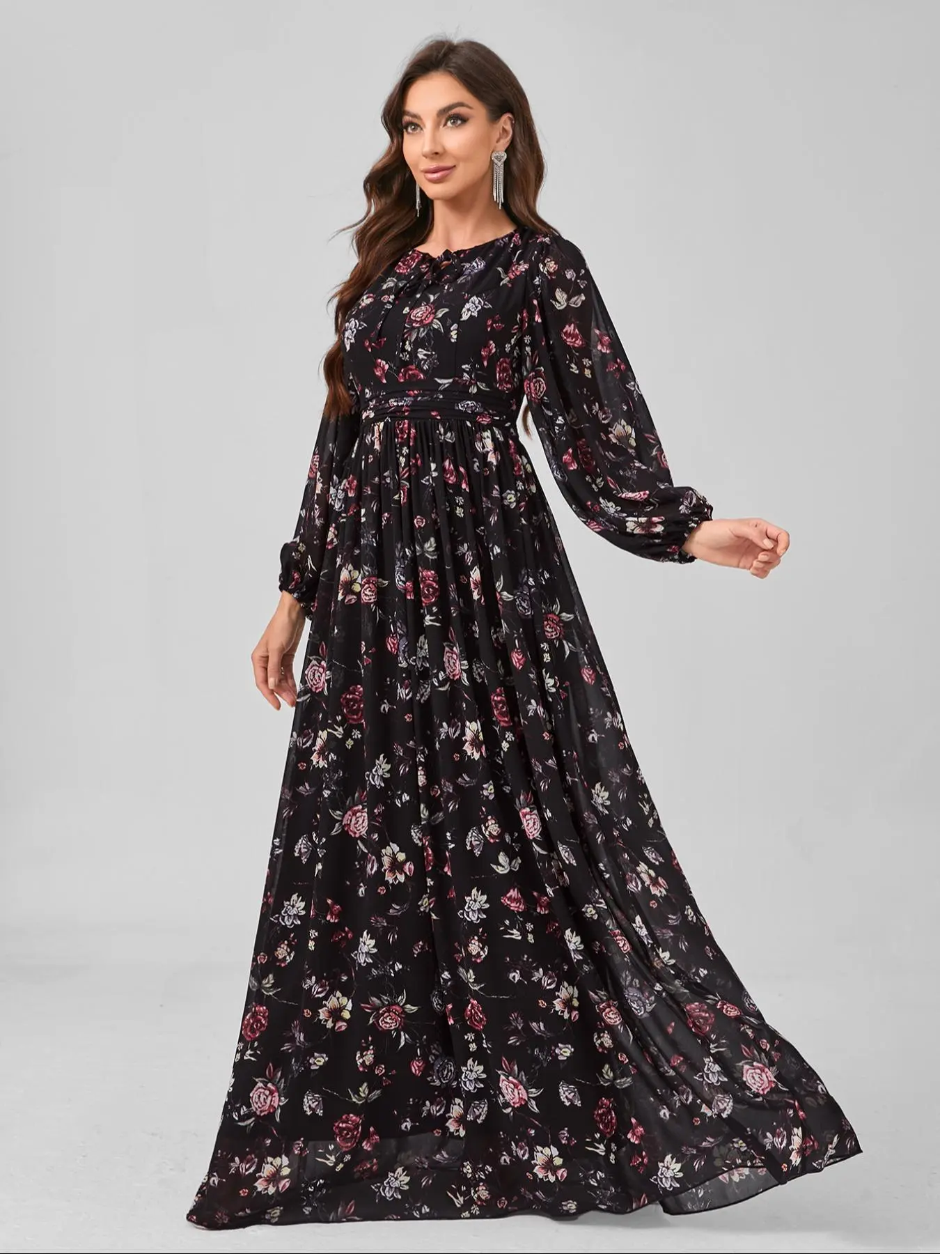 Women's Random Floral Print Bishop Sleeve Evening Dress, Formal Dresses, Elegant Long Sleeve Maxi Dress for Party & Banquet, Ladies Spring & Fall Clothes, Floral Pattern Dress, Floral Prints Dress, Floral Design Dress