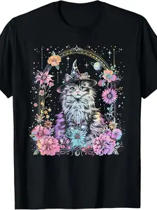 Gothic Black Cat Witch Hat Floral Graphic T-Shirt |   Unisex Casual Short Sleeve Tee |   Magical Night Sky Bats Design |   Soft Breathable Crew Neck |   Perfect for Adults, All-season Wear |   S-3XL, for Halloween