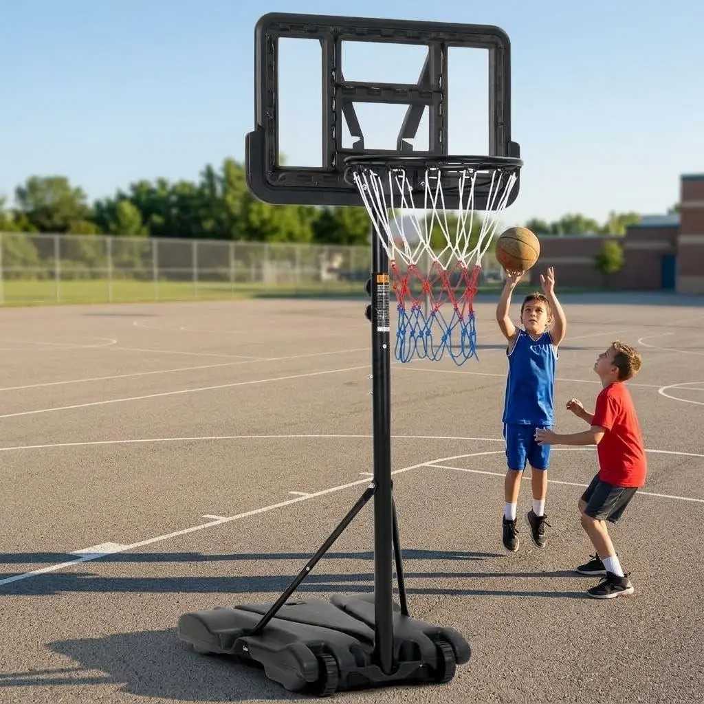 Kids Basketball Hoop Featuring 5-7 ft Adjustable Height Portable Basketball Goal with Wheels & Fillable Base, 28 Inch Shatterproof PC Backboard for Backyard Driveway Indoor & Outdoor