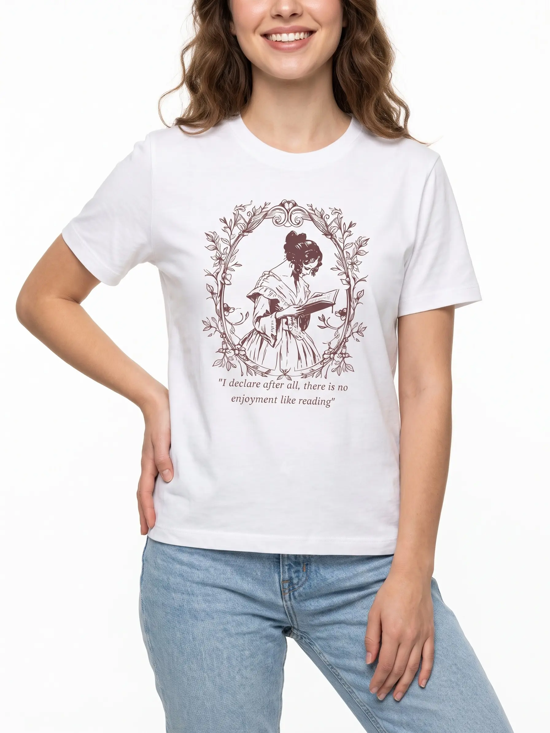 Women's Casual Short-Sleeve Basics Graphic T-Shirt - Jane Austen "Pride and Prejudice" Quote, Bookish Aesthetic, Soft Pure Cotton, Breathable, Elegant H-Type Classic Fit, Raglan Sleeve, Fade Resistant, All Seasons Digital Print Top, Do Not Bleach