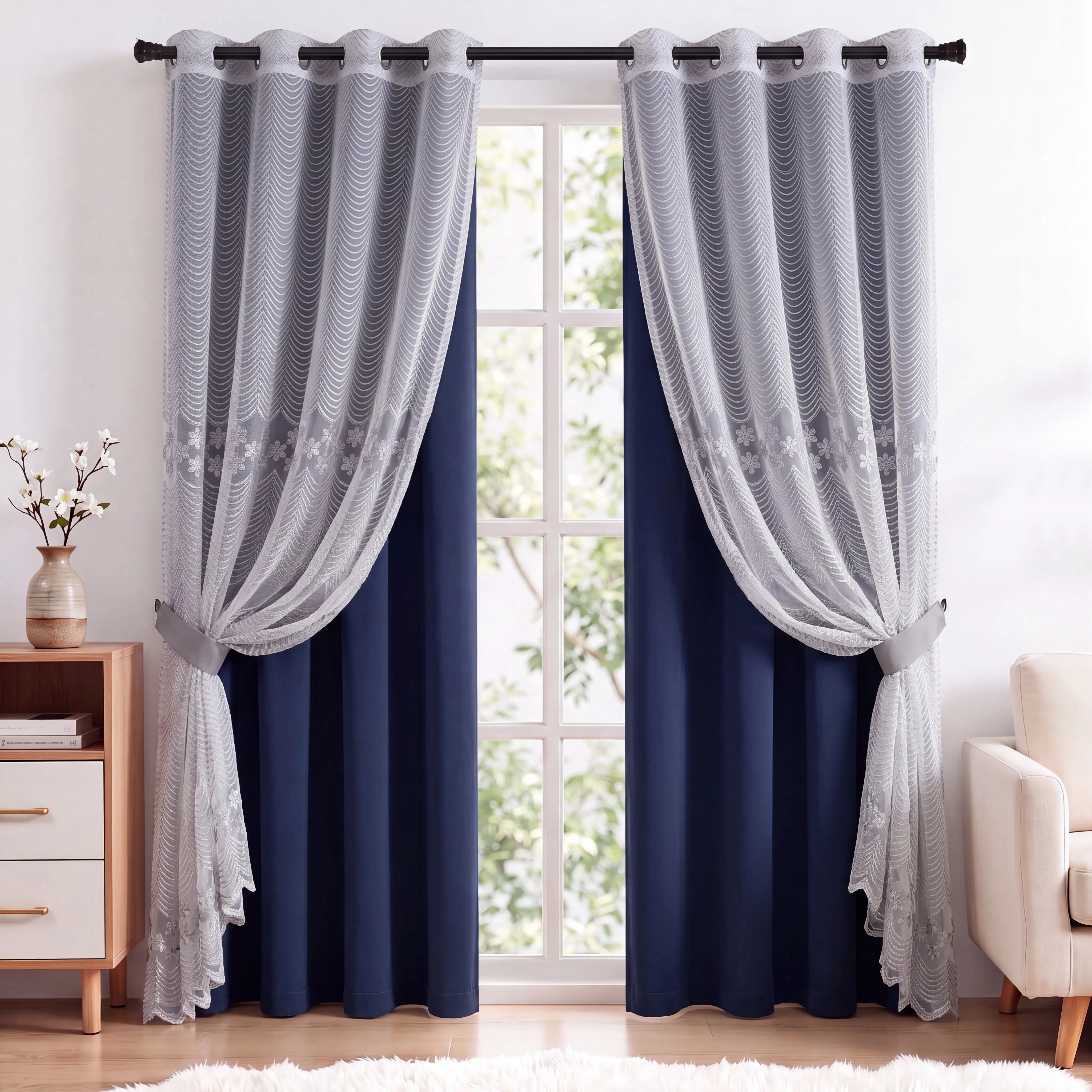 4 Panels Combination Grommets Curtains Including : 2 Panels 52x84 inch : Solid Blackout Curtains & 2 Panels  Luxuary Embroidery and Flocking Curtains  QF222 QF72 noise reduction inganchos cortinas decorative home