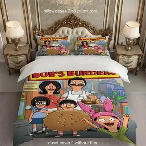 3ps Bob's Burgers Print Bedding Set, Comfy Bed Sets, Breathable Comfort, All-Season Use, 100% Polyester Fabric, Includes 1 Fitted Sheet & 2 Pillowcases