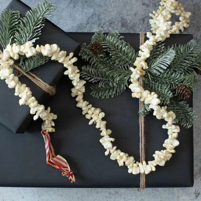 9' Popcorn Garland - Ornamental Decoration with Green Pine Branches and White Popcorn Beads