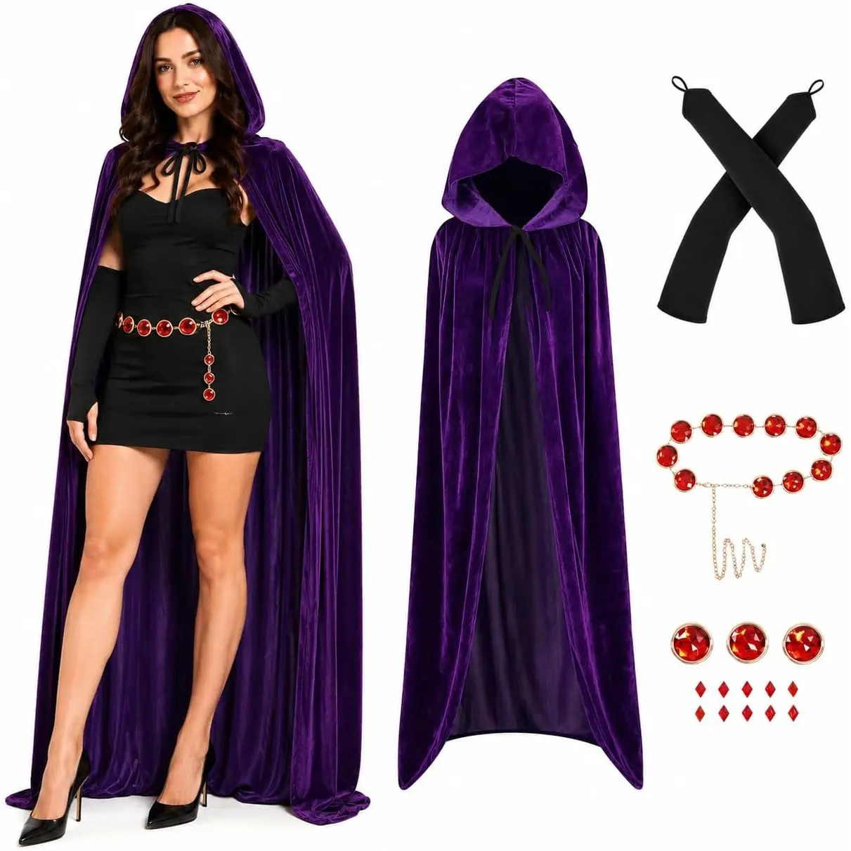 Women Raven Cosplay Costume Purple Cape and Belt Set Halloween Cosplay Outfit
