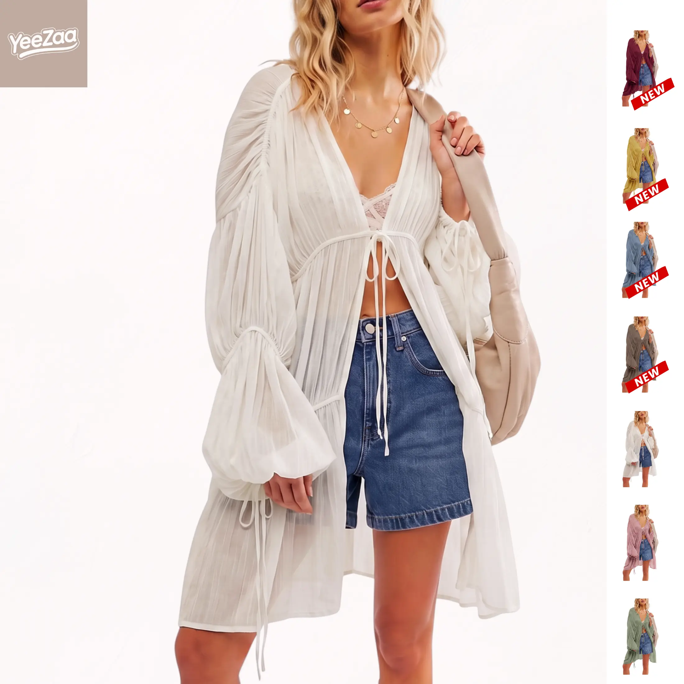 YeeZaa Flowy Boho Cardigan For Women OneSize Long Lightweight  Tie-Front Duster Cover Up Dreamy Ethereal Bohemian Beach Vacation Summer Shrug Outerwear