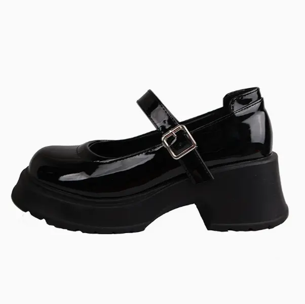 Classic patent leather Mary Jane heels with round toe design, stable block heel to reduce walking pressure, adjustable ankle strap perfect for school, date and casual daily outfits.
