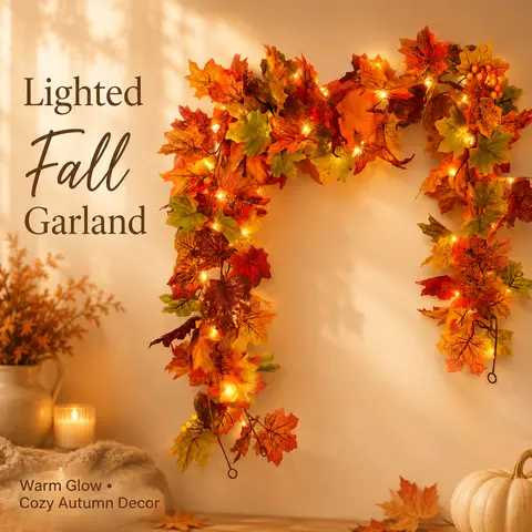 5.9 ft Plastic Fall Maple Leaf Garland with LED String Lights, Berries, Olive Ornaments, Flexible Wrap - Halloween Decorations, Thanksgiving Fall Decor for Home, Country Rustic Mantel Supply (Batteries Not Included) Indoor Outdoor Orange