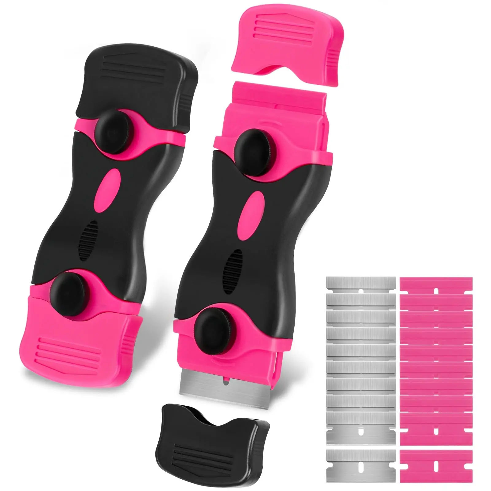 2 Pack Pink Dual-Head Razor Scraper Tools | 40 Replacement Blades Included with 20 Silicone Blades and 20 Stainless Steel Blades | Multi-Purpose Cleaner for Glass, Stovetop, Tile, Walls, Paint and Gunk Removal | TikTok Trending Cleaning Tool