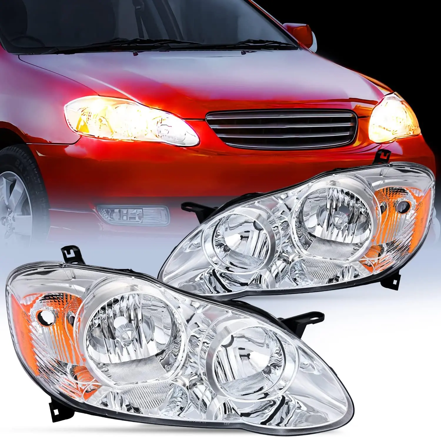 Nilight Headlight Assembly for 2003 2004 2005 2006 2007 2008 Toyota Corolla Headlamps Replacement Chrome Housing Amber Reflector Driver and Passenger Side, Headlight Kit, Car Headlights Automotive  Summervibes