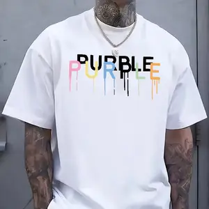 Purple Dripping Text Graphic T-Shirt, Minimal Streetwear Typography Tee, Aesthetic Paint Drip Letter Shirt, Trendy Casual Summer Top, Unisex