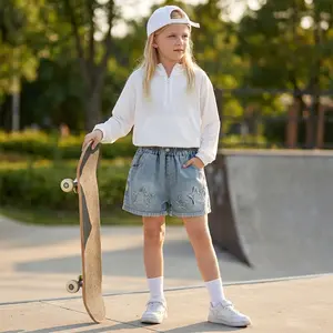 Girls' Star Distressed Denim Shorts, Cute Raw Hem Jean Shorts with Star Embroidery, Elastic High Waist Kids' Wide Leg Shorts for 4-16 Years, Summer Fashion