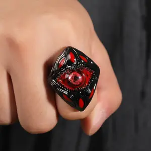 ORPHIC Men's Red Devil Eye Ring Evil Teeth Big Black Parasite Charm Gothic Vintage Punk Jewelry For Cosplay Party,Halloween
