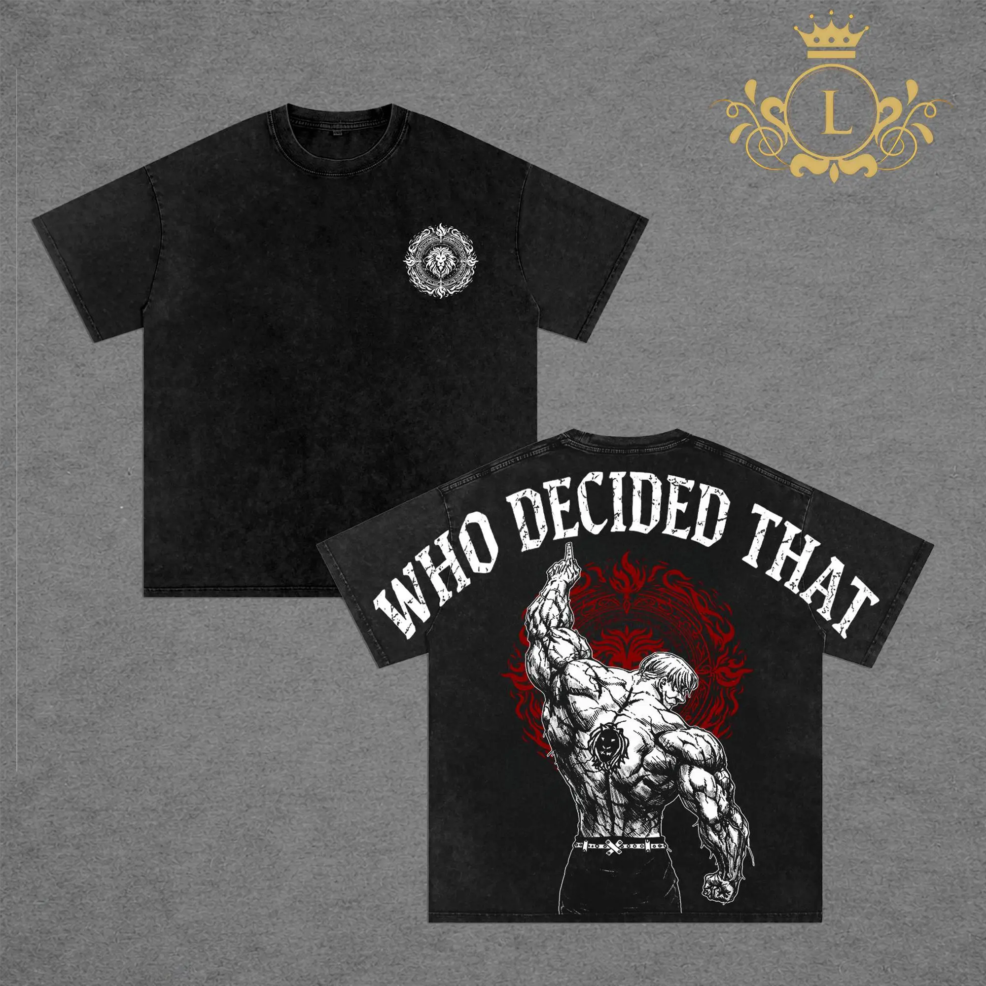 Escanor Seven Deadly Sins Tee Washed – “Who Decided That?” Vintage Washed Oversized Heavyweight Cotton Anime Graphic Tee, Unisex Animecore Streetwear Gift for Escanor & Anime Fans
