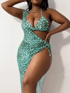 Plus Size Leopard Print Swimsuit Sets, Halter Bikini Top, Halter Triangle Swim Bra & Asymmetrical Ring Linked Cover Up & Tie Side Panty Bathing Suit Set, Women's Swimsuit for Summer Beach, Halter Bikinis Set