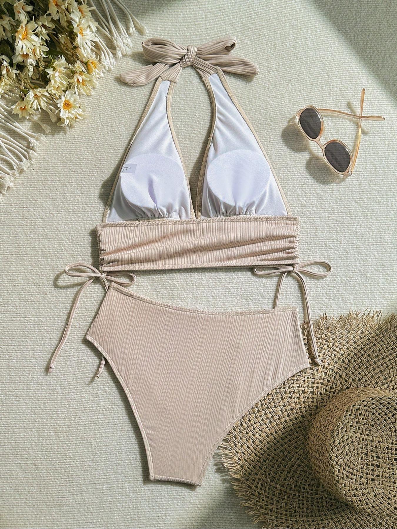 Two-Piece Set Women's Solid Color Bikini Set, Casual Fashion Chic Swimsuit Set, Ladies Swimwear for Beach Holiday Vacation