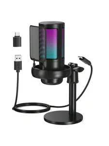 USB Microphone for Computers, Ideal for Podcasts, Videos, And Streaming. Features Include a Condenser Mic with a Quick Mute Option, a Tripod Stand, a Pop Filter, an RGB Indicator, a Shock Mount, And a Rotating Gain Button. Compatible with PS4/5 And PC