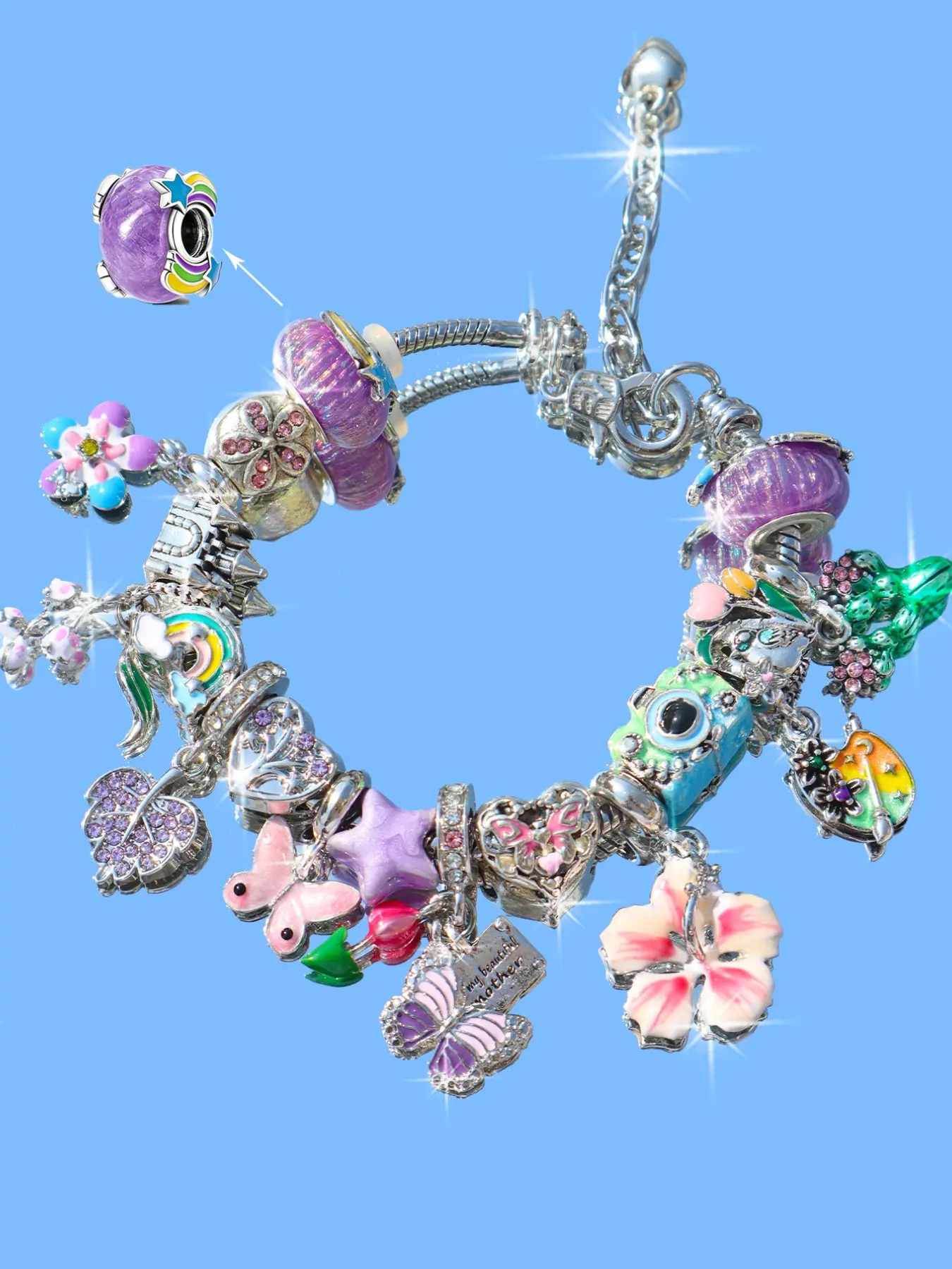 Summer Floral Butterfly Charm Bracelet, Floral Charm Bracelets, Hand Chain Jewelry, Cherry Blossom Heart Large Hole Bead DIY Bracelet, Vintage Glass Bead, Adjustable Monet Color Bracelet, DIY Beaded Bracelet, Flower Charm Bracelet