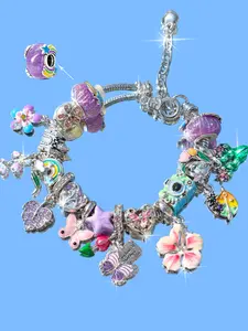Summer Floral Butterfly Charm Bracelet, Cherry Blossom Heart Large Hole Bead DIY Bracelet, Vintage Glass Bead, Adjustable Monet Color Bracelet