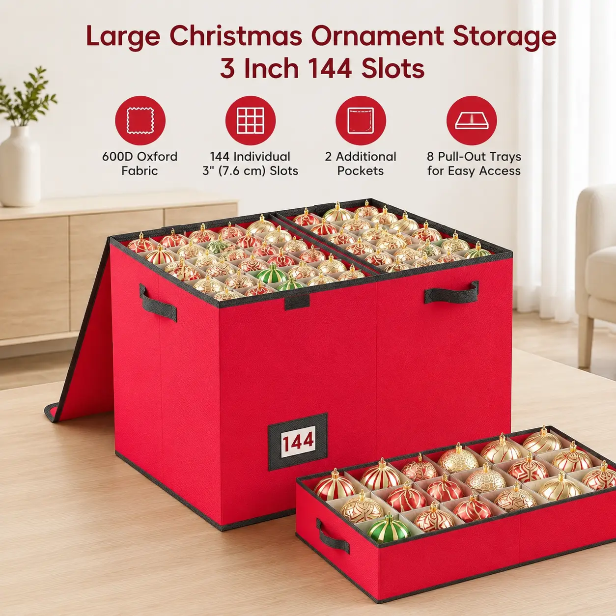 littleox 144-Count 3 Inch Christmas Ornament Storage Box with 8 Divided Trays, Large Capacity Holiday Decoration Organizer Container for Xmas Baubles & Festive Ornaments