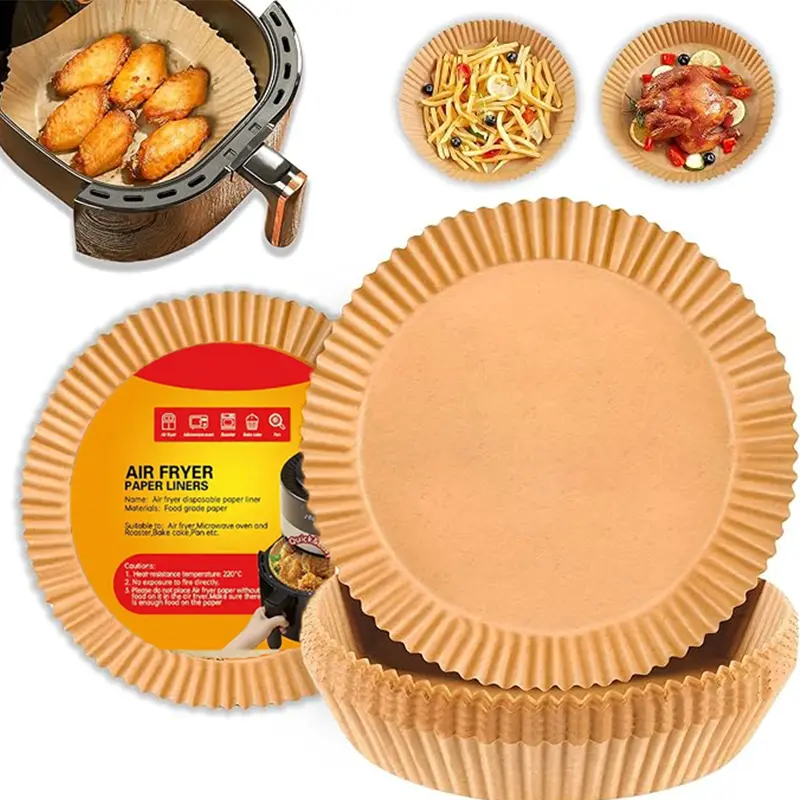 50Pcs Air Fryer Liners, Heavy Duty Non-Stick Oil-Proof Disposable Compostable Baking Paper, Suitable for Round Oven, Baking Tray, Microwave and Wooden Kitchen Utensils
