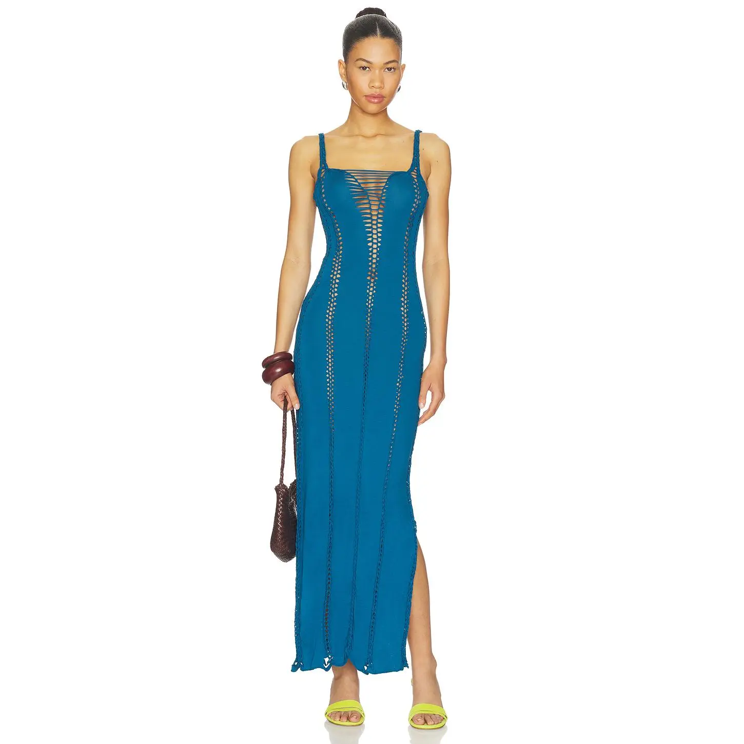 Indah Soren Solid Maxi Slash Dress With Macrame Trim in Adriatic