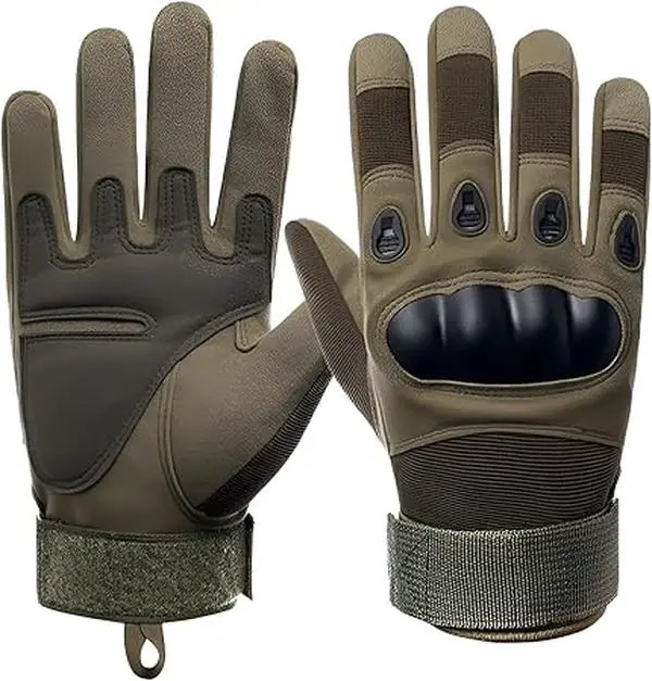 Olive Green Full Finger Tactical Gloves for Men, Hard Rubber Knuckle Protection Tactical Work Gloves, Non-Slip Palm Adjustable Wrist Strap Breathable Gloves for Motorcycle, Cycling, Hunting, Shooting, Construction Work fitness exercise accessory