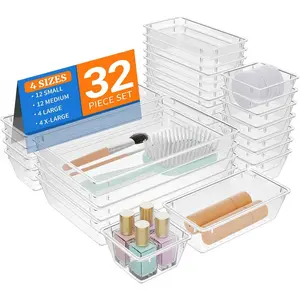 32 PCS Clear Plastic Drawer Organizer Set, 4-Size vanity organizer Trays and Storage Bins for Makeup, Jewelry and Gadgets in Bedroom, Bathroom and Office, Clear