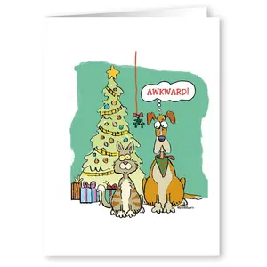 Funny Dog & Cat Awkward! - Funny Christmas Card - 18 Boxed Cards and Envelopes