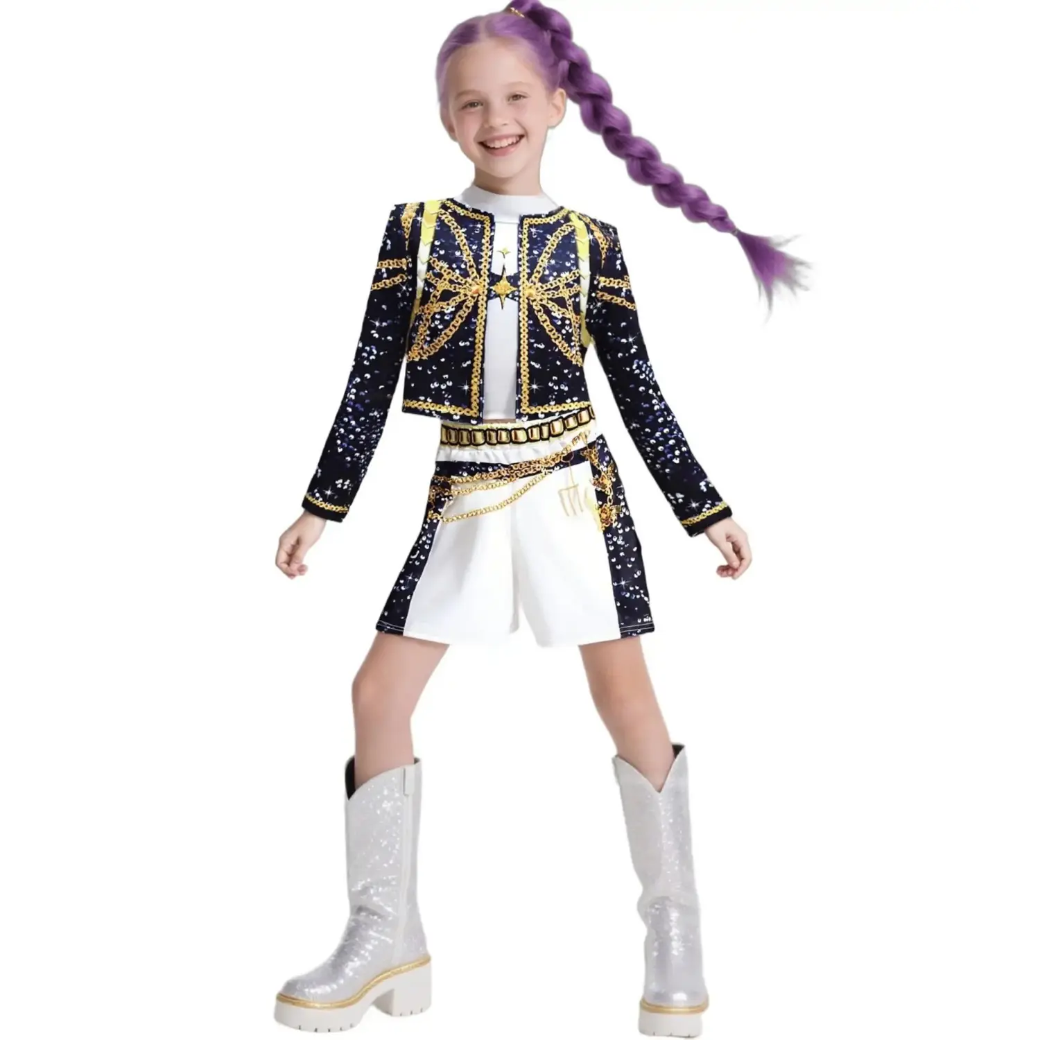 Girls K-Pop Rumi Mira Role Play Costume Set 3pcs Short Sleeve Crop Top Skirt Halloween Party Dress Up Clothes for Kids Comfortable Polyester Fabric Superstar Outfit