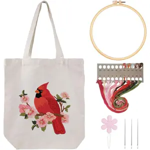 Canvas Tote Bag Embroidery Kit for Beginners,Cross Stitch Kits for Adults,DIY Needlepoint Include Cardinal ,Hoop and Instruction
