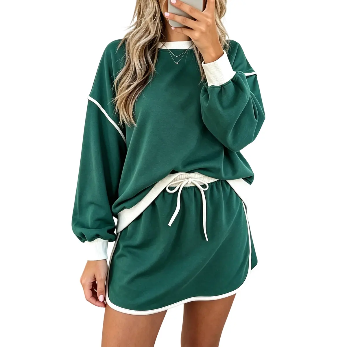 ZNACICC Women's Contrast Loose Long Sleeve Pullover & Lace-Up Waist Skort Set Casual Chic Outfit