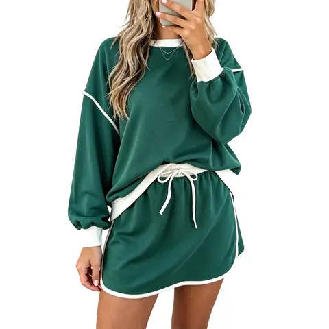 ZNACICC Women's Contrast Loose Long Sleeve Pullover & Lace-Up Waist Skort Set Casual Chic Outfit